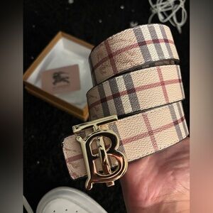 Burberry Beige and Red Plaid Belt with Gold Buckle